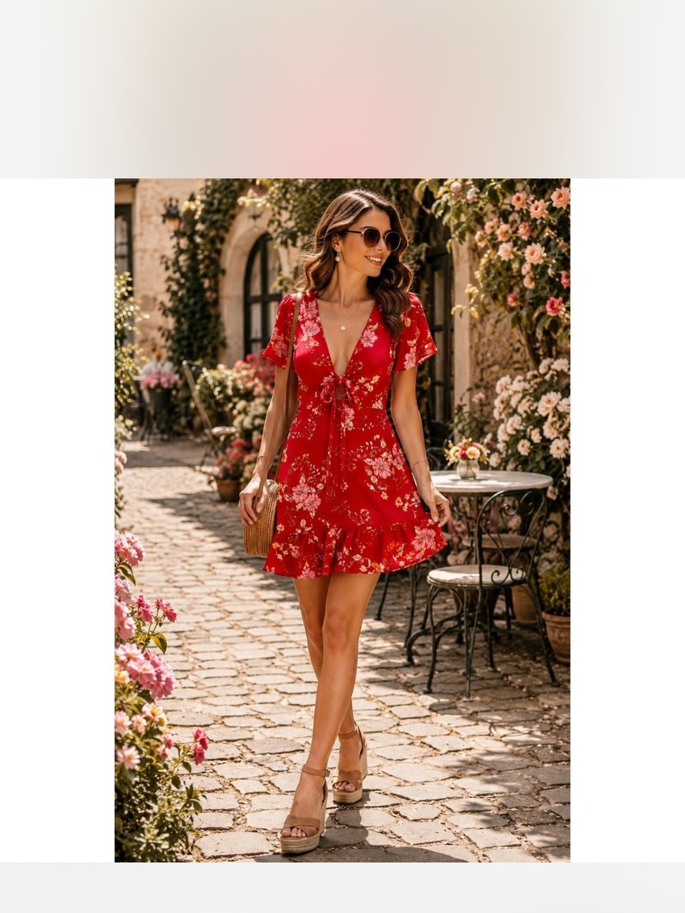 BB Dakota Red Floral Tie-Front Summer Dress